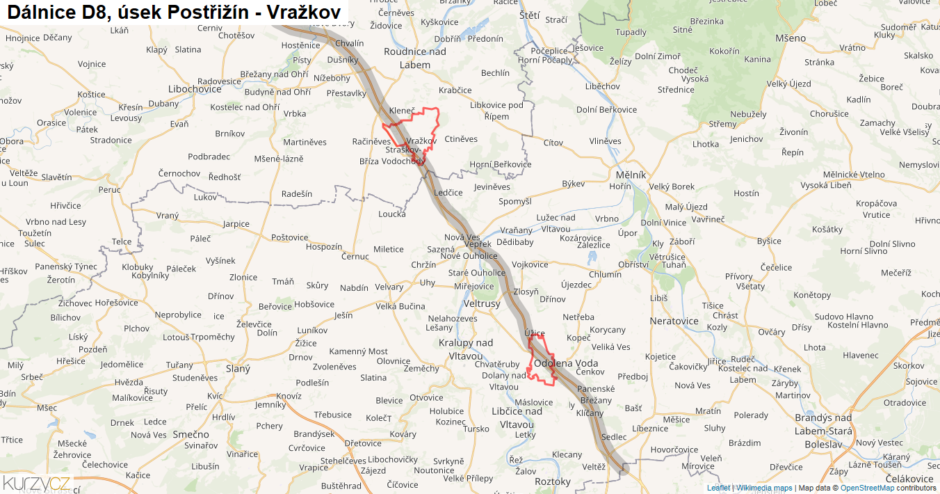 Úsek Postřižín - Vražkov, Dálnice D8 - Mapa