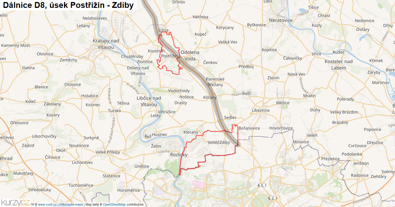 Úsek Postřižín - Zdiby, Dálnice D8 - Mapa