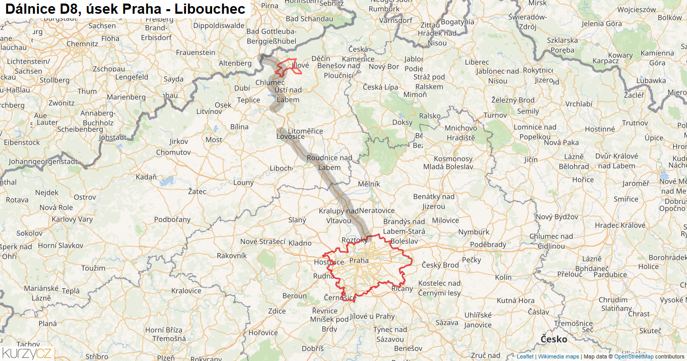 Úsek Praha - Libouchec, Dálnice D8 - Mapa