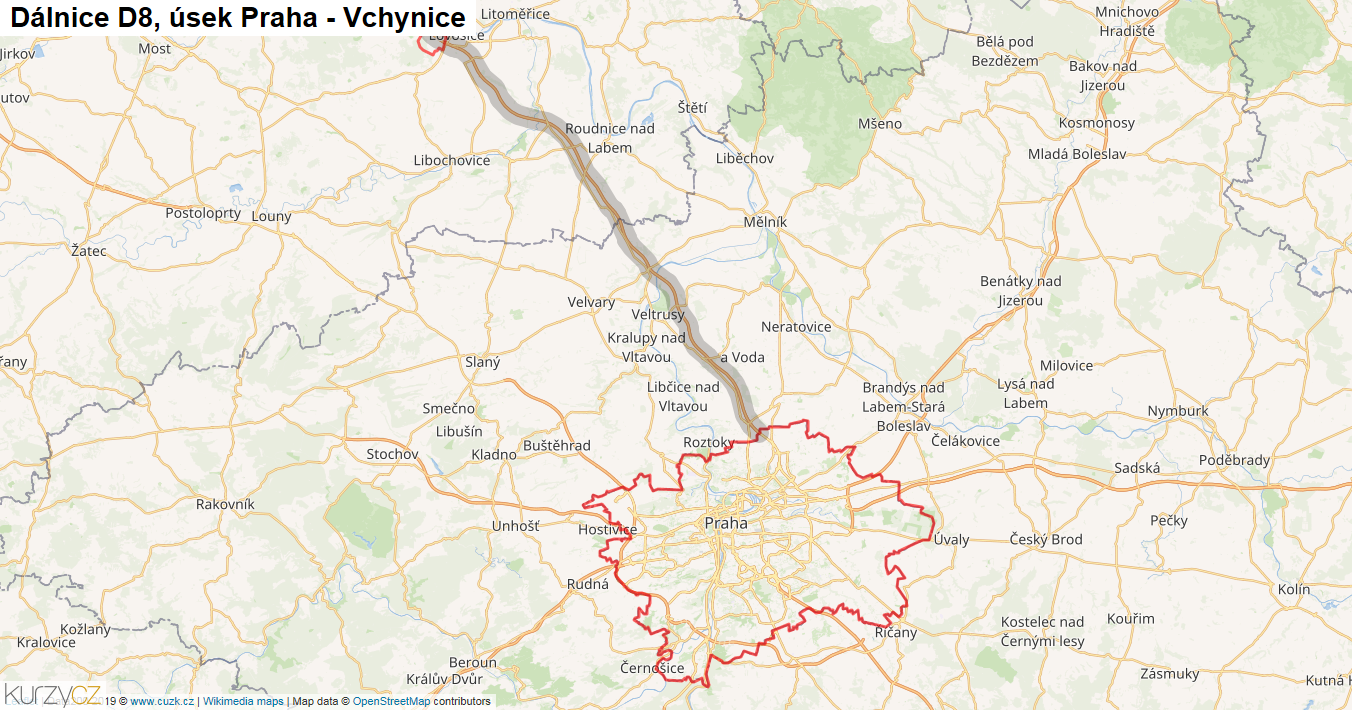 Úsek Praha - Vchynice, Dálnice D8 - Mapa