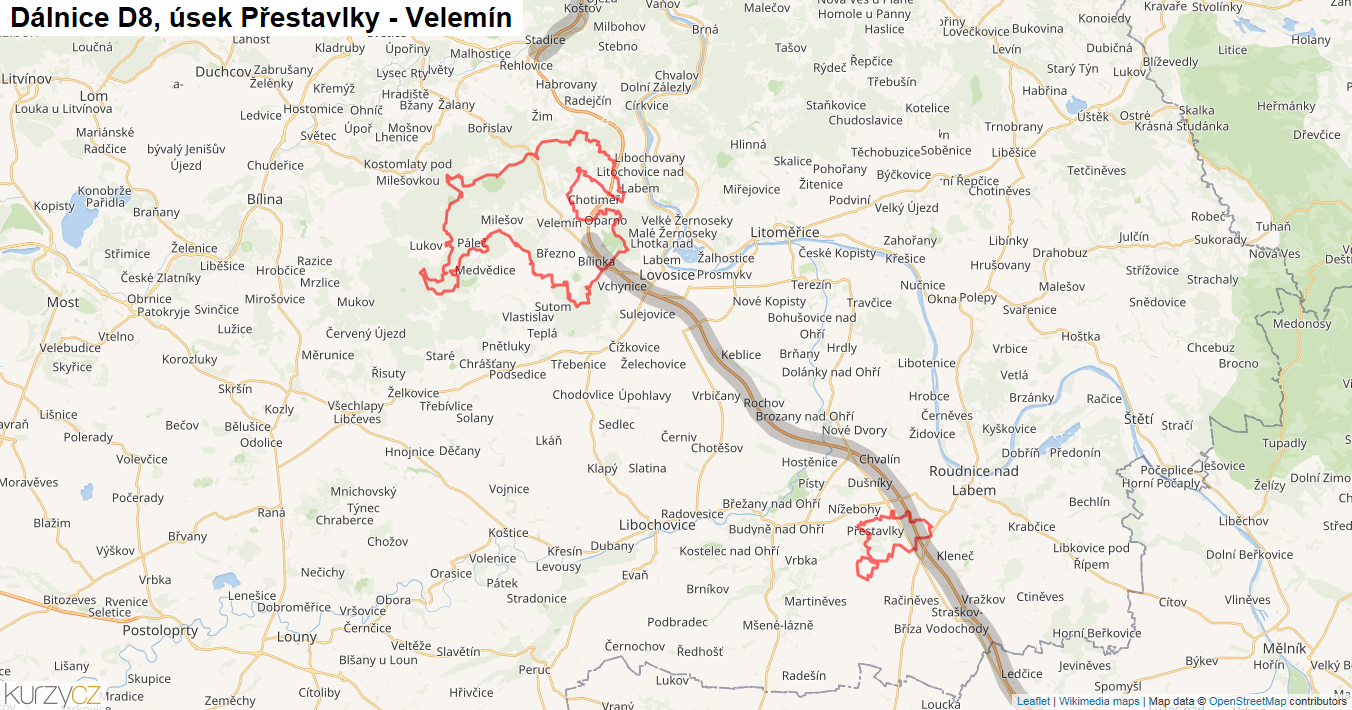Úsek Přestavlky - Velemín, Dálnice D8 - Mapa