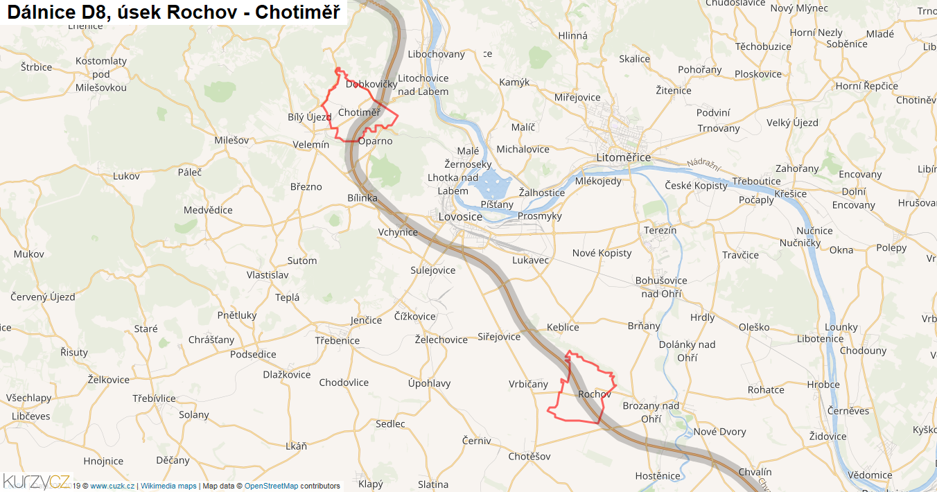 Úsek Rochov - Chotiměř, Dálnice D8 - Mapa