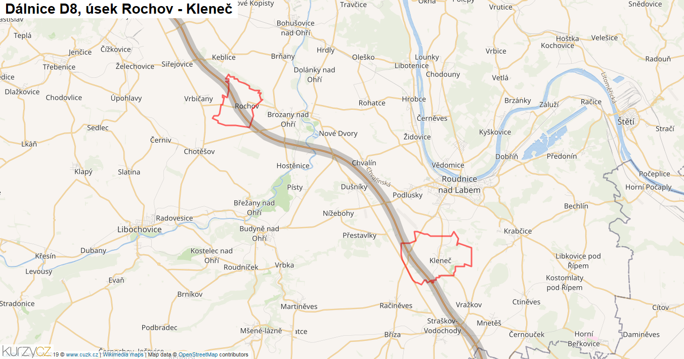 Úsek Rochov - Kleneč, Dálnice D8 - Mapa