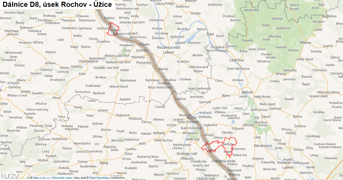 Úsek Rochov - Úžice, Dálnice D8 - Mapa
