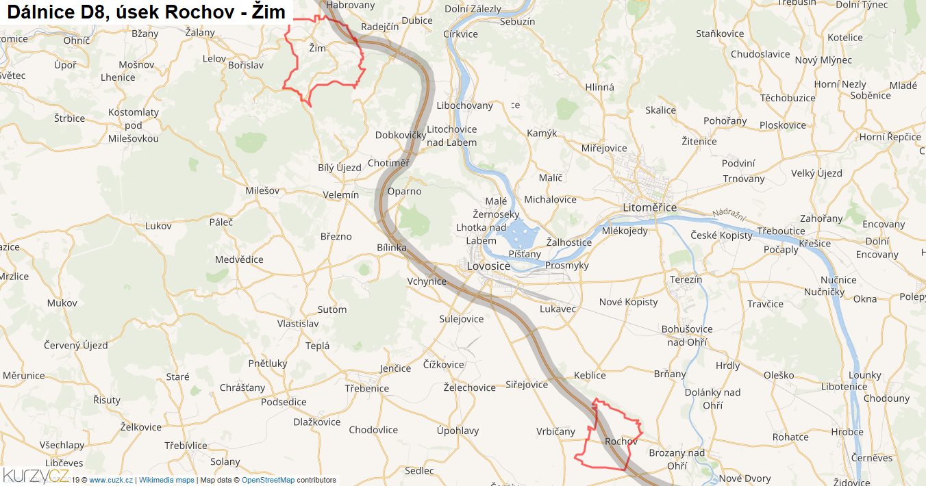 Úsek Rochov - Žim, Dálnice D8 - Mapa