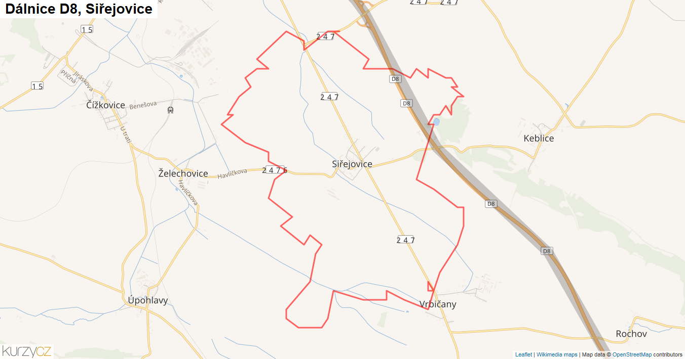 Siřejovice, Dálnice D8 - Mapa