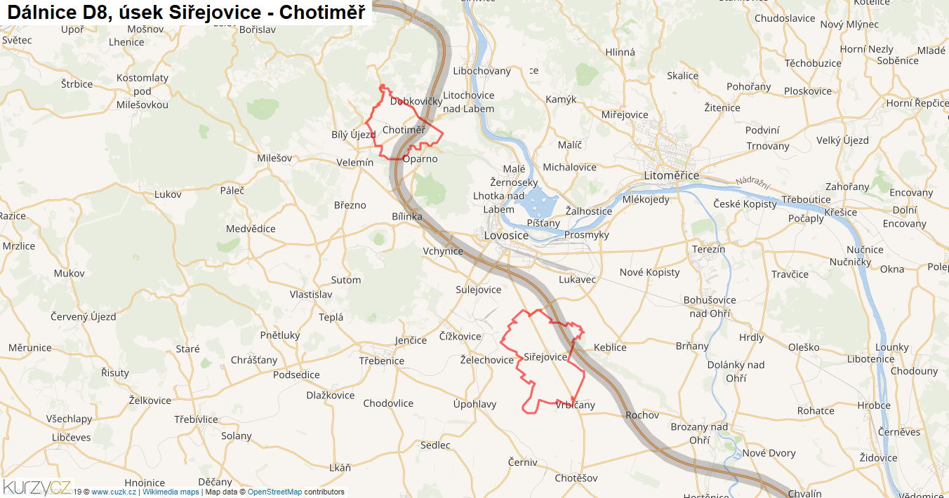 Úsek Siřejovice - Chotiměř, Dálnice D8 - Mapa