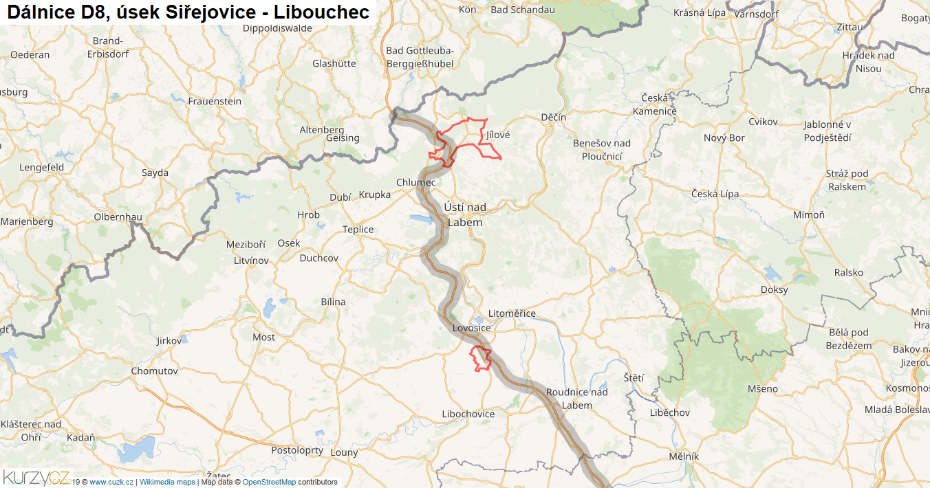 Úsek Siřejovice - Libouchec, Dálnice D8 - Mapa