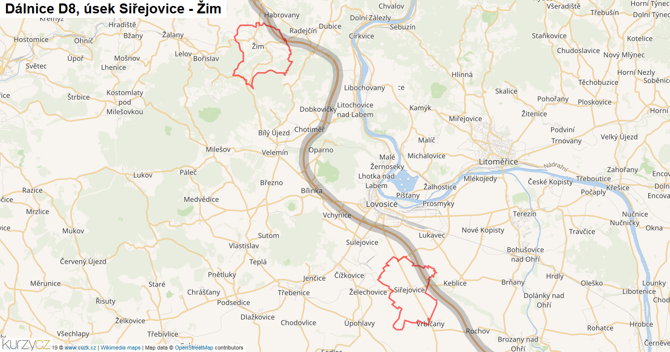 Úsek Siřejovice - Žim, Dálnice D8 - Mapa