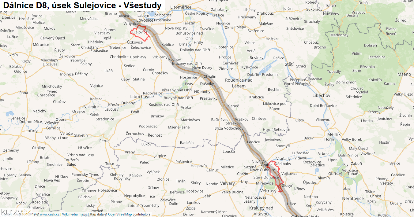 Úsek Sulejovice - Všestudy, Dálnice D8 - Mapa
