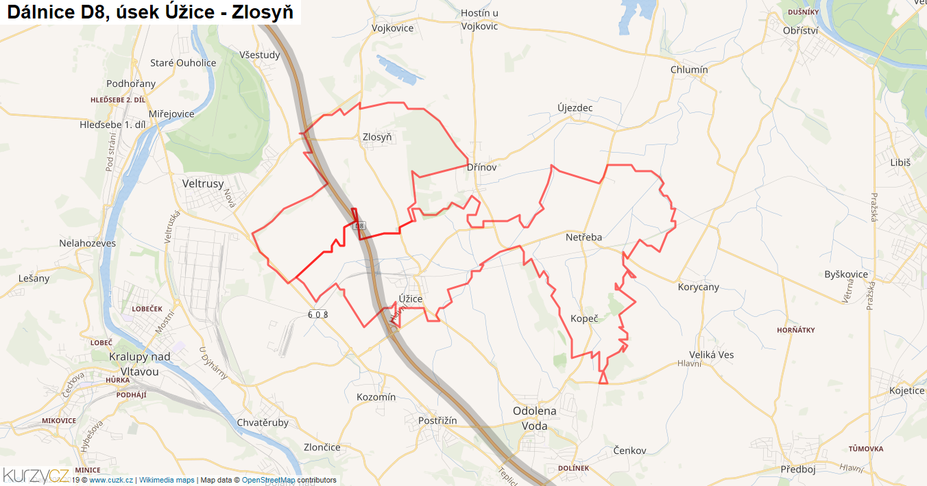 Úsek Úžice - Zlosyň, Dálnice D8 - Mapa
