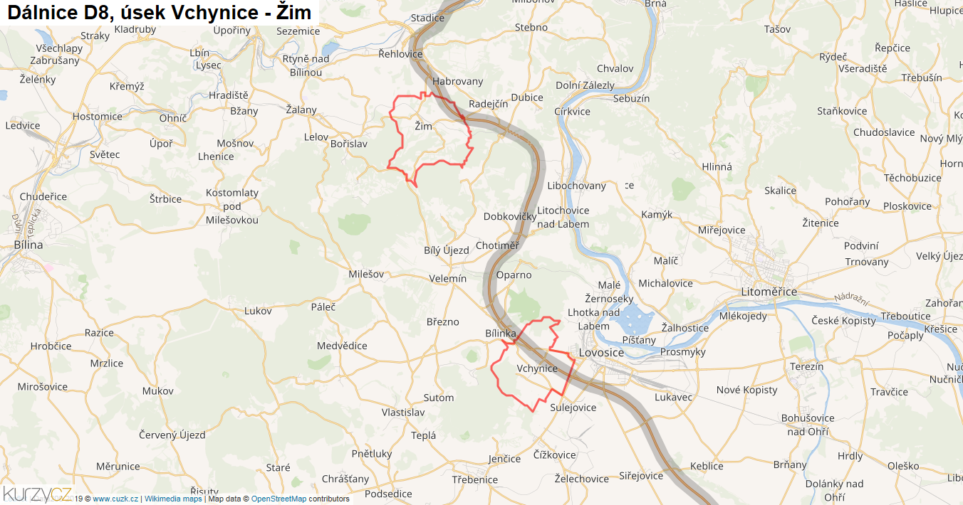 Úsek Vchynice - Žim, Dálnice D8 - Mapa