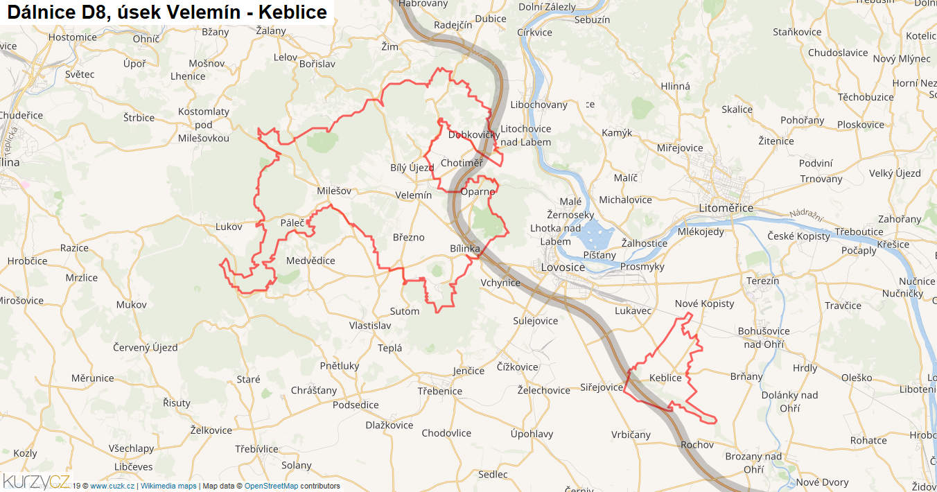 Úsek Velemín - Keblice, Dálnice D8 - Mapa