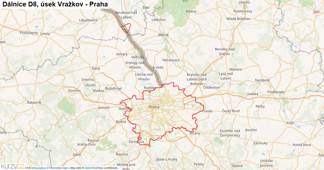 Úsek Vražkov - Praha, Dálnice D8 - Mapa