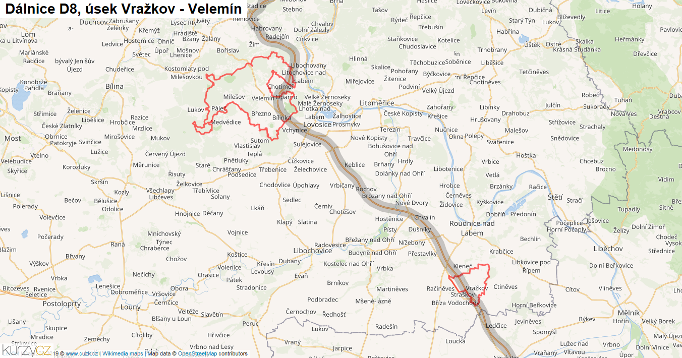 Úsek Vražkov - Velemín, Dálnice D8 - Mapa