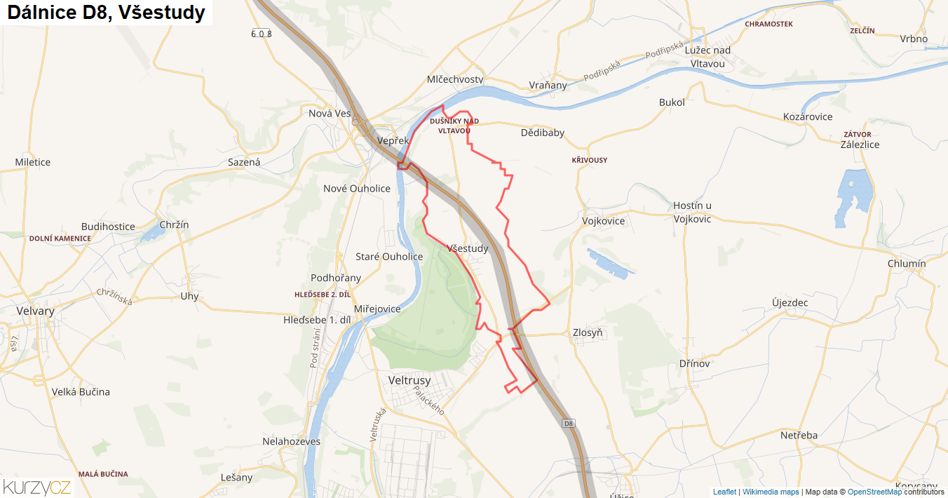 Všestudy, Dálnice D8 - Mapa