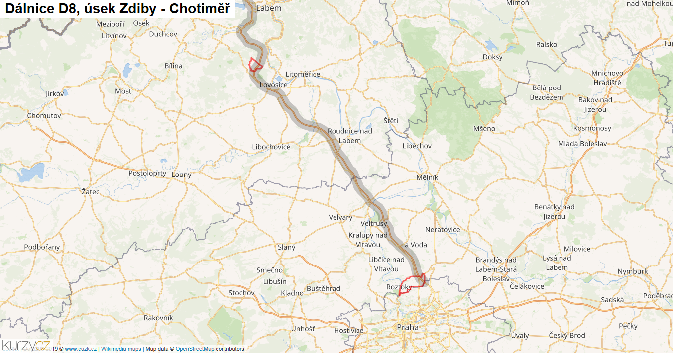 Úsek Zdiby - Chotiměř, Dálnice D8 - Mapa