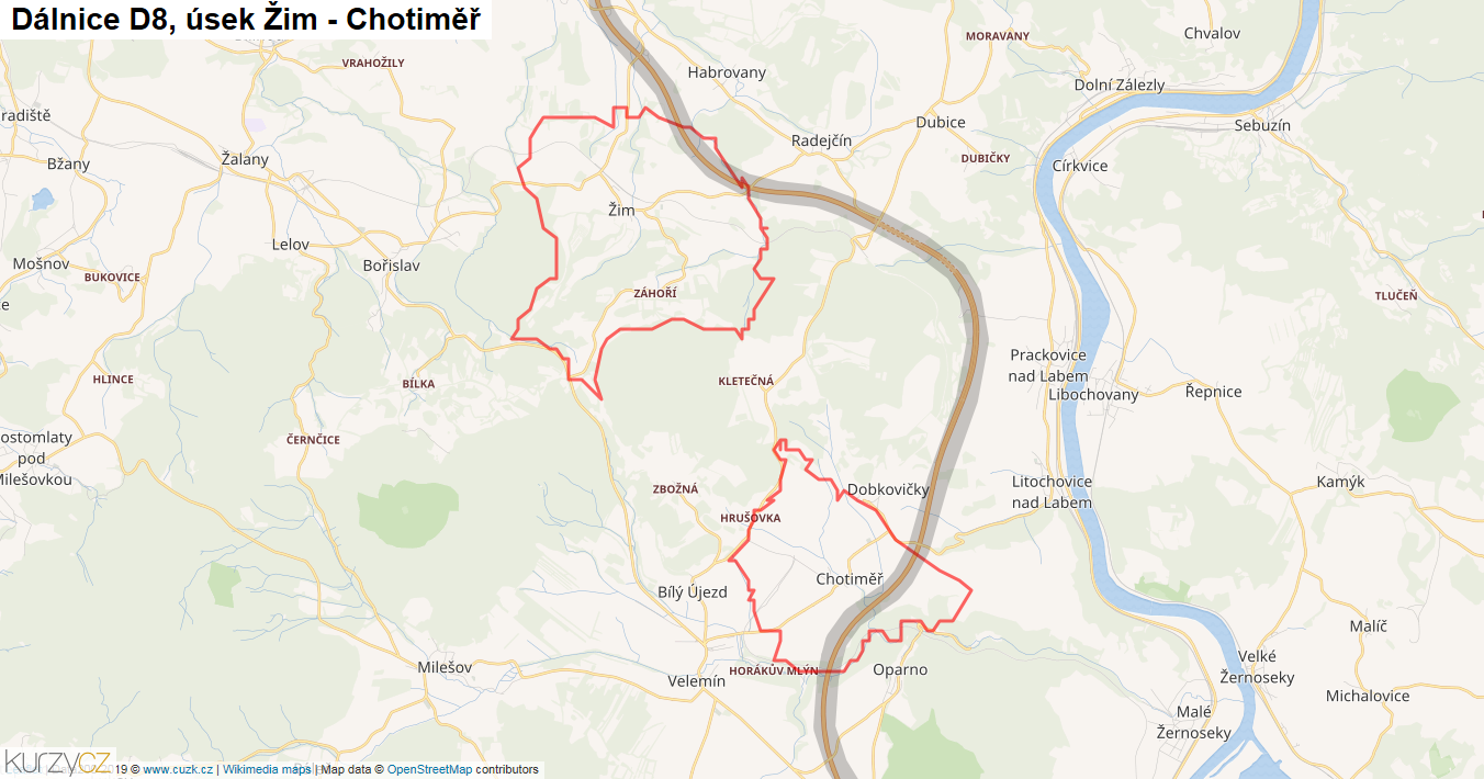 Úsek Žim - Chotiměř, Dálnice D8 - Mapa