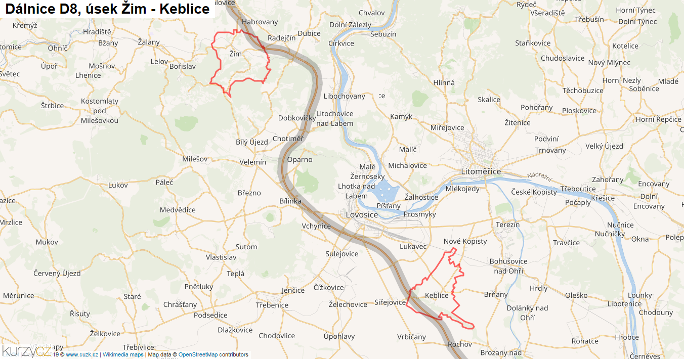 Úsek Žim - Keblice, Dálnice D8 - Mapa