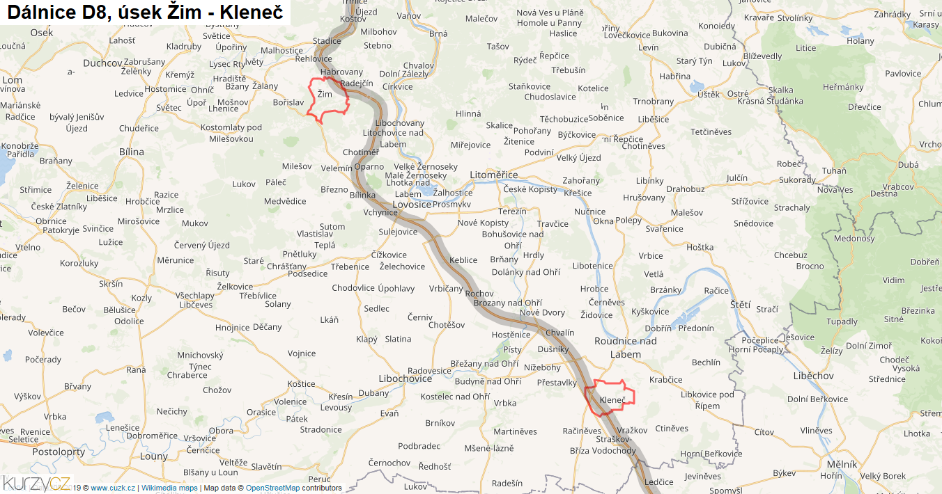 Úsek Žim - Kleneč, Dálnice D8 - Mapa