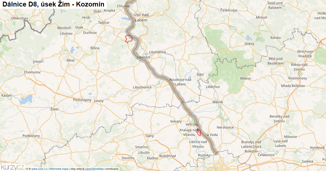 Úsek Žim - Kozomín, Dálnice D8 - Mapa