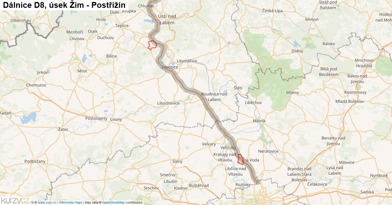 Úsek Žim - Postřižín, Dálnice D8 - Mapa