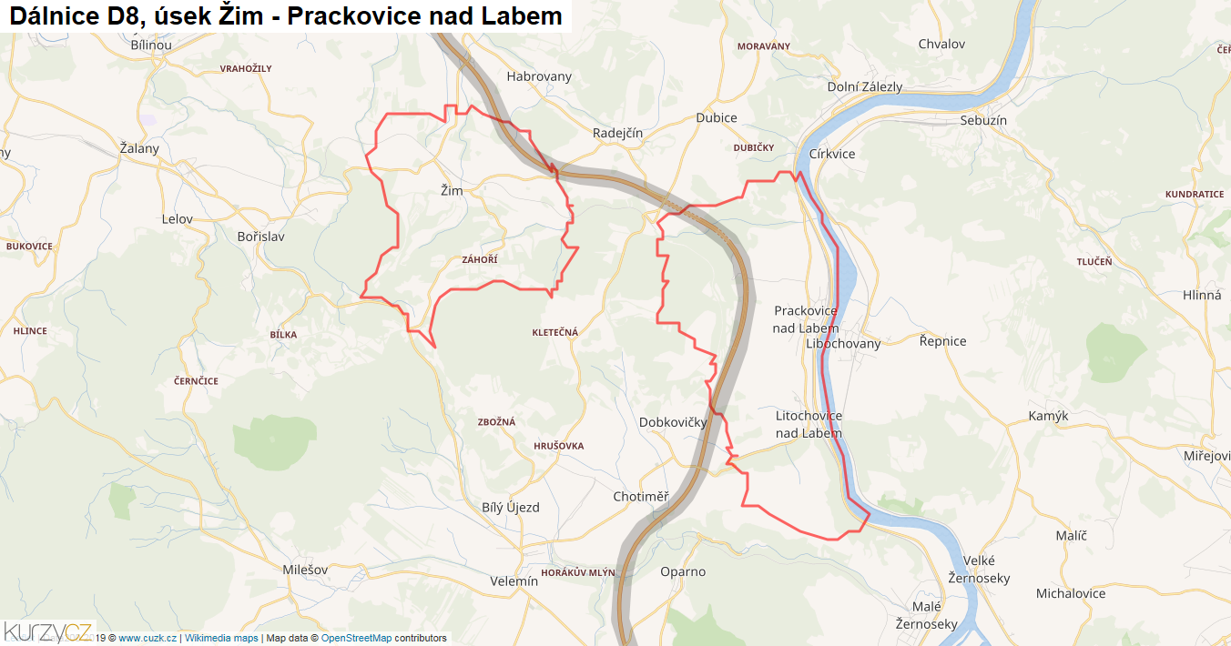 Úsek Žim - Prackovice nad Labem, Dálnice D8 - Mapa