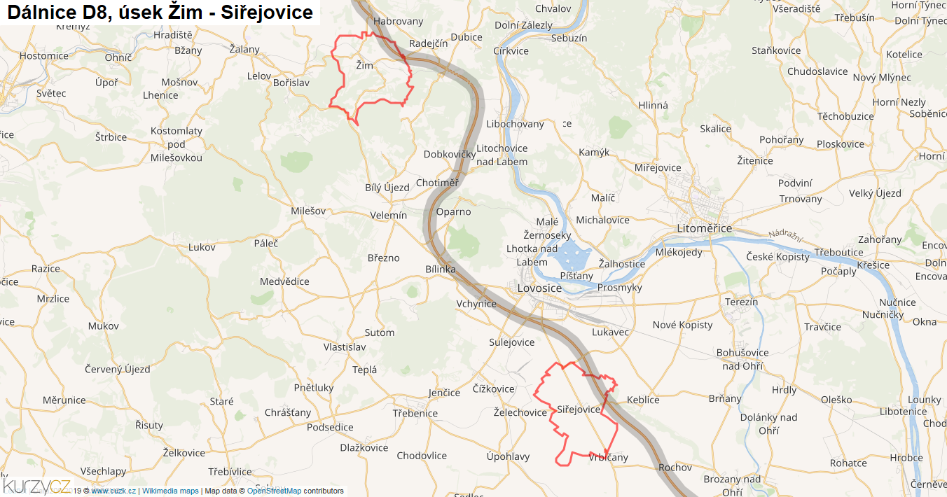 Úsek Žim - Siřejovice, Dálnice D8 - Mapa