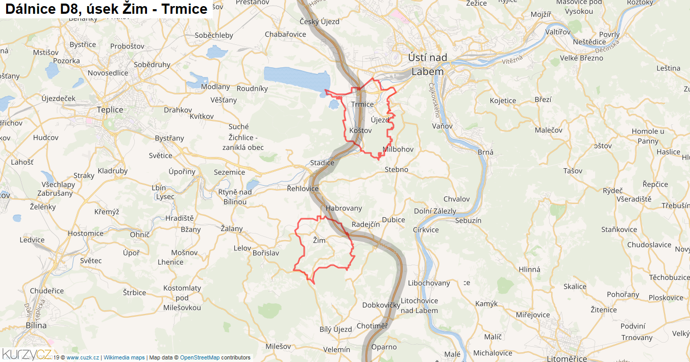 Úsek Žim - Trmice, Dálnice D8 - Mapa