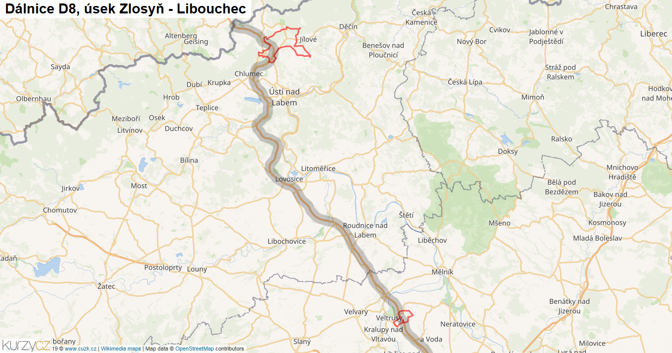 Úsek Zlosyň - Libouchec, Dálnice D8 - Mapa