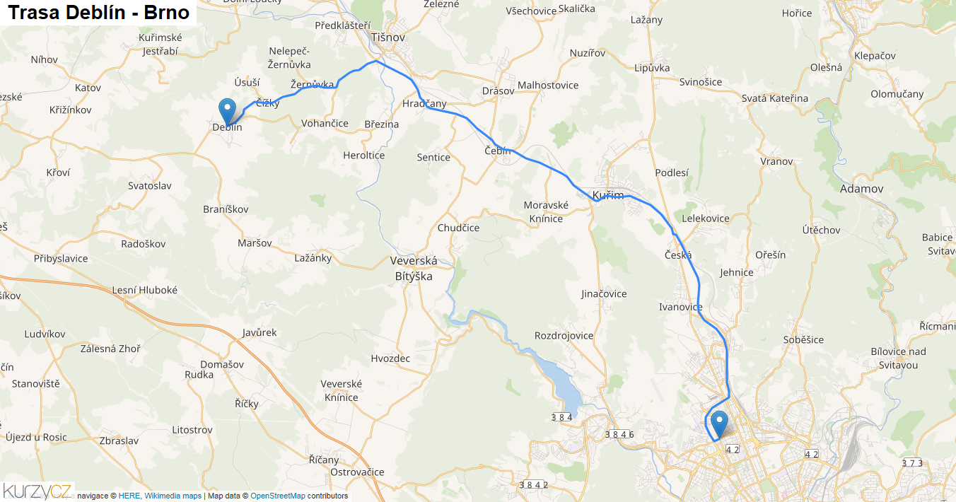 Deblín-Brno, mapa trasy