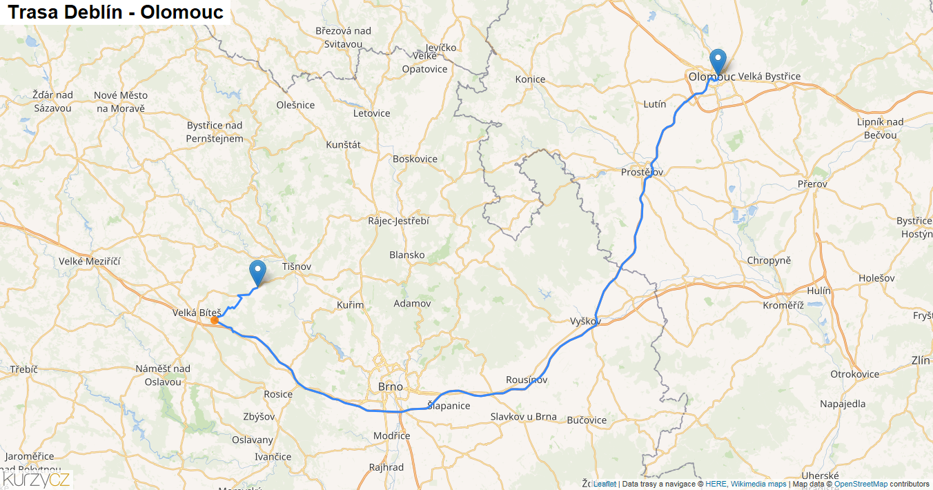 Deblín-Olomouc, mapa trasy