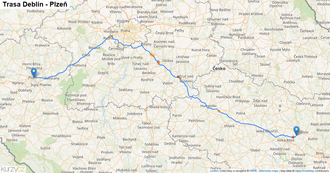 Deblín-Plzeň, mapa trasy