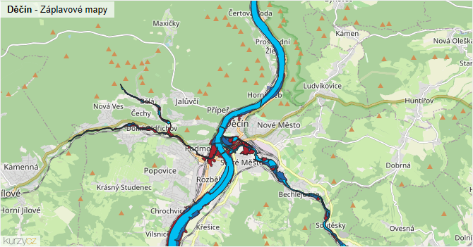 Děčín - záplavové mapy stoleté vody