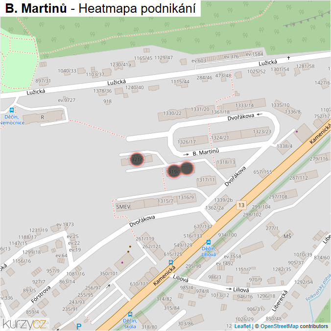 Mapa B. Martinů - Firmy v ulici.