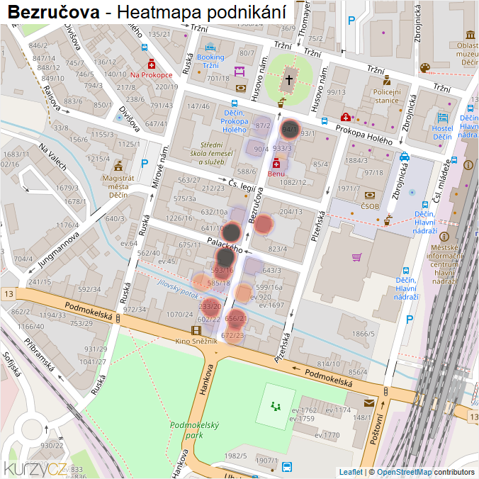 Mapa Bezručova - Firmy v ulici.