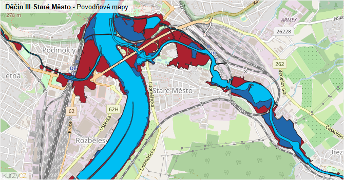 Děčín III-Staré Město - záplavové mapy stoleté vody