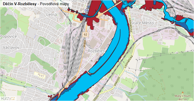 Děčín V-Rozbělesy - záplavové mapy stoleté vody