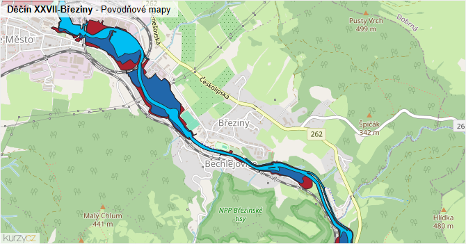 Děčín XXVII-Březiny - záplavové mapy stoleté vody