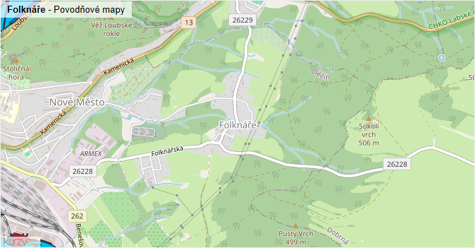 Folknáře - záplavové mapy stoleté vody