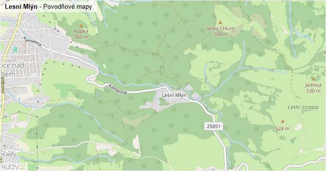 Lesní Mlýn - záplavové mapy stoleté vody