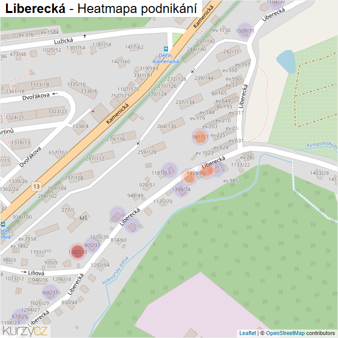 Mapa Liberecká - Firmy v ulici.