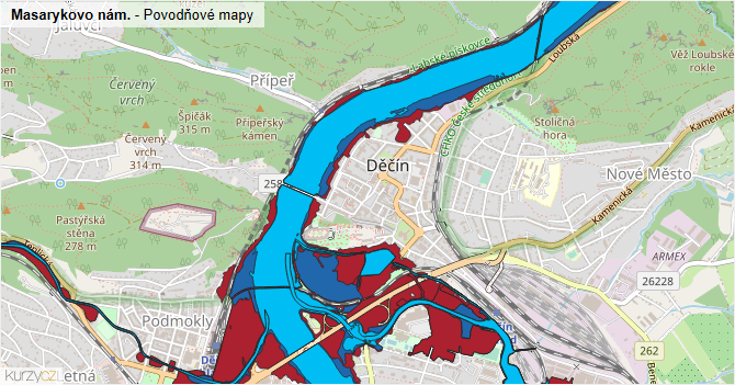 Masarykovo nám. - záplavové mapy stoleté vody