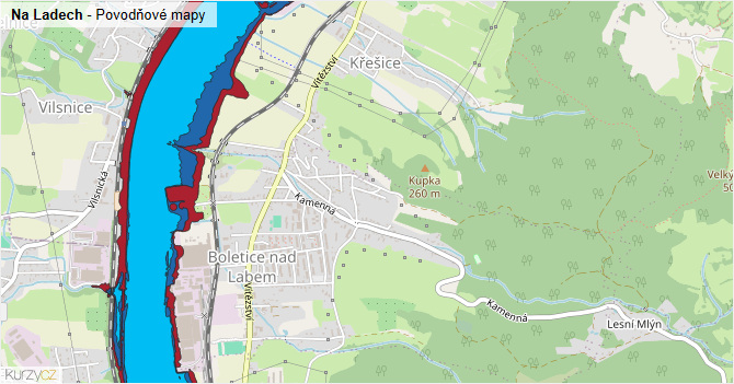 Na Ladech - záplavové mapy stoleté vody