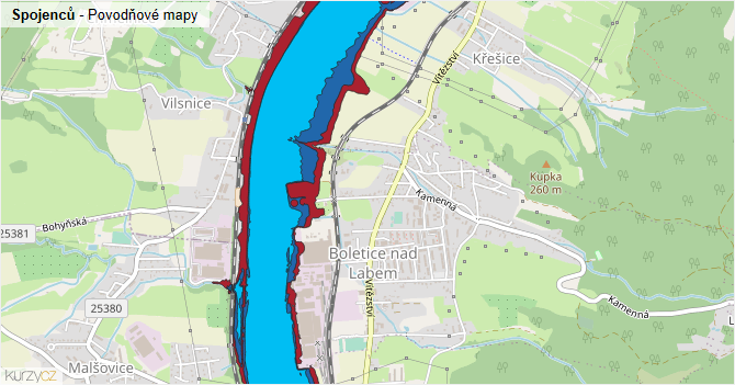 Spojenců - záplavové mapy stoleté vody