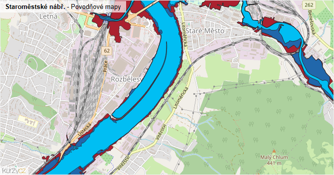Staroměstské nábř. - záplavové mapy stoleté vody