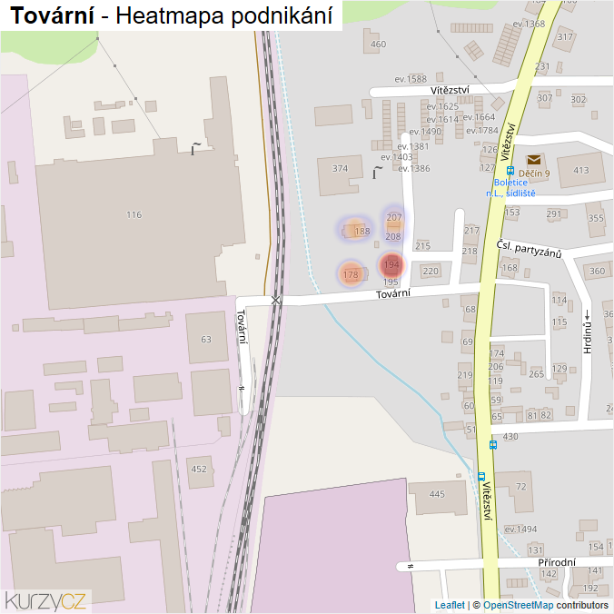Mapa Tovární - Firmy v ulici.