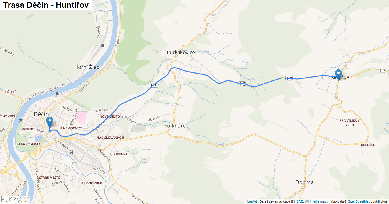 Děčín-Huntířov, mapa trasy
