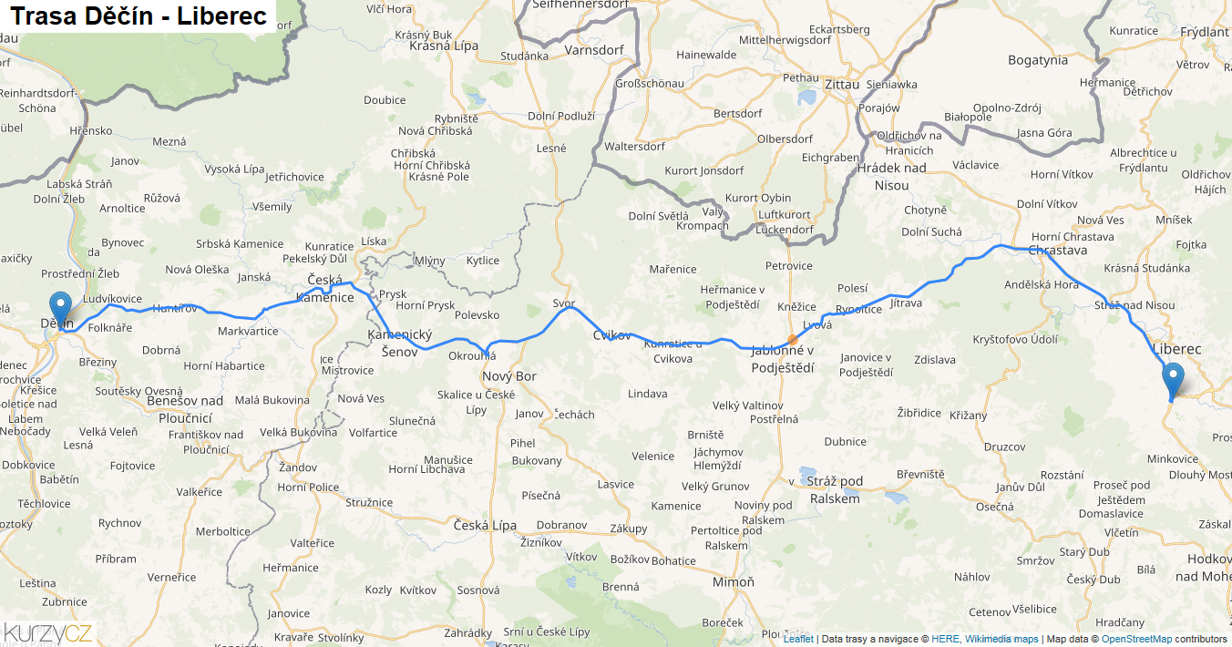 Děčín-Liberec, mapa trasy