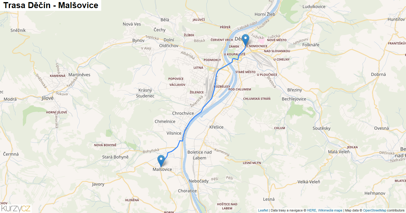 Děčín-Malšovice, mapa trasy